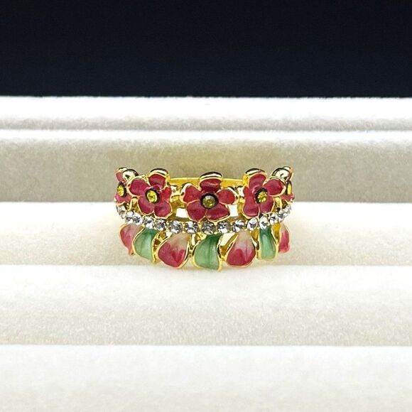 Yellow Gold with Citrine and Diamond Crystal Enamel Leaf and Flower Ring Size 6 - Picture 5 of 12